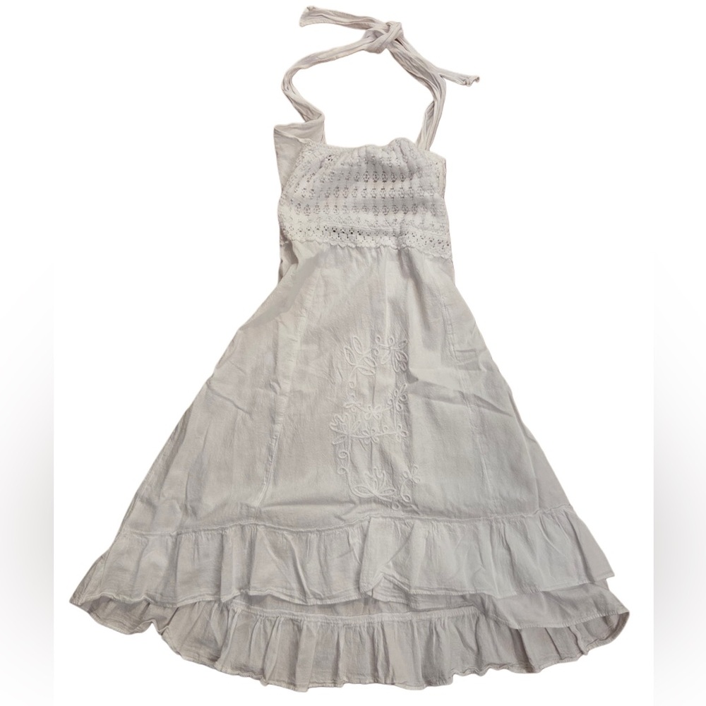 White Halter Summer Dress with Embroidered Detail